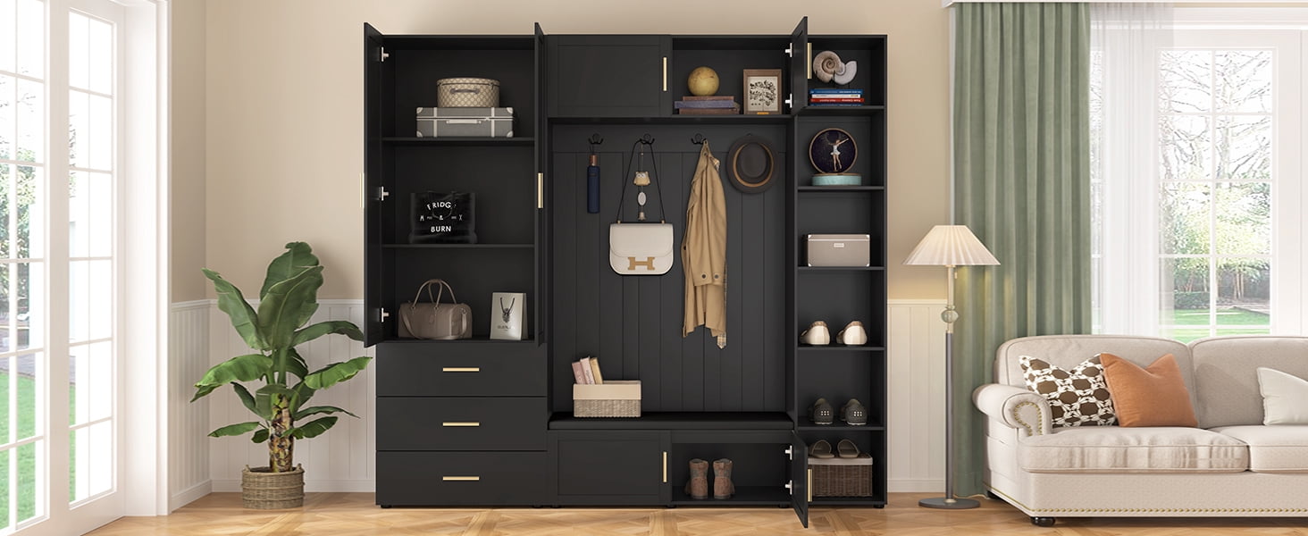 Mintazer 4‑in‑1 Hall Tree with Cushioned Shoe Bench & Hooks, Entryway Storage Organizer with Cabinets & Drawers, Adjustable Shelves for Mudroom Hallway, Black