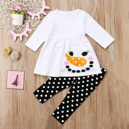 Frosty The Snowman Outfit Kids Baby Girls Christmas Snowman Pleated Dress Top and Polka Dot Leggings Outfit Set ()