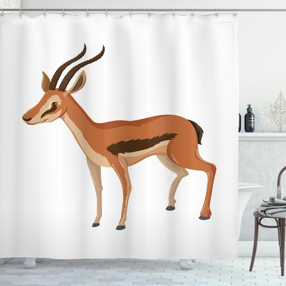 Antelope Shower Curtain, Cartoon Animal with Sharp Antlers on Plain Background Print, Fabric Bathroom Set with Hooks, 69W X 75L Inches Long, Pale Cinnamon Chocolate and White, by Ambesonne