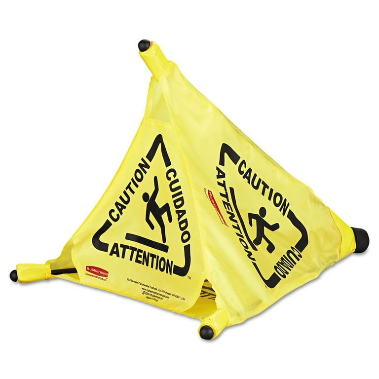 Multilingual ''Caution'' Pop-Up Safety Cone, 3-Sided, Fabric, 21 x 21 x 20, Yellow Multilingual ''Caution'' Pop-Up Safety Cone, 3-Sided, Fabric, 21 x 21 x 20, Yellow