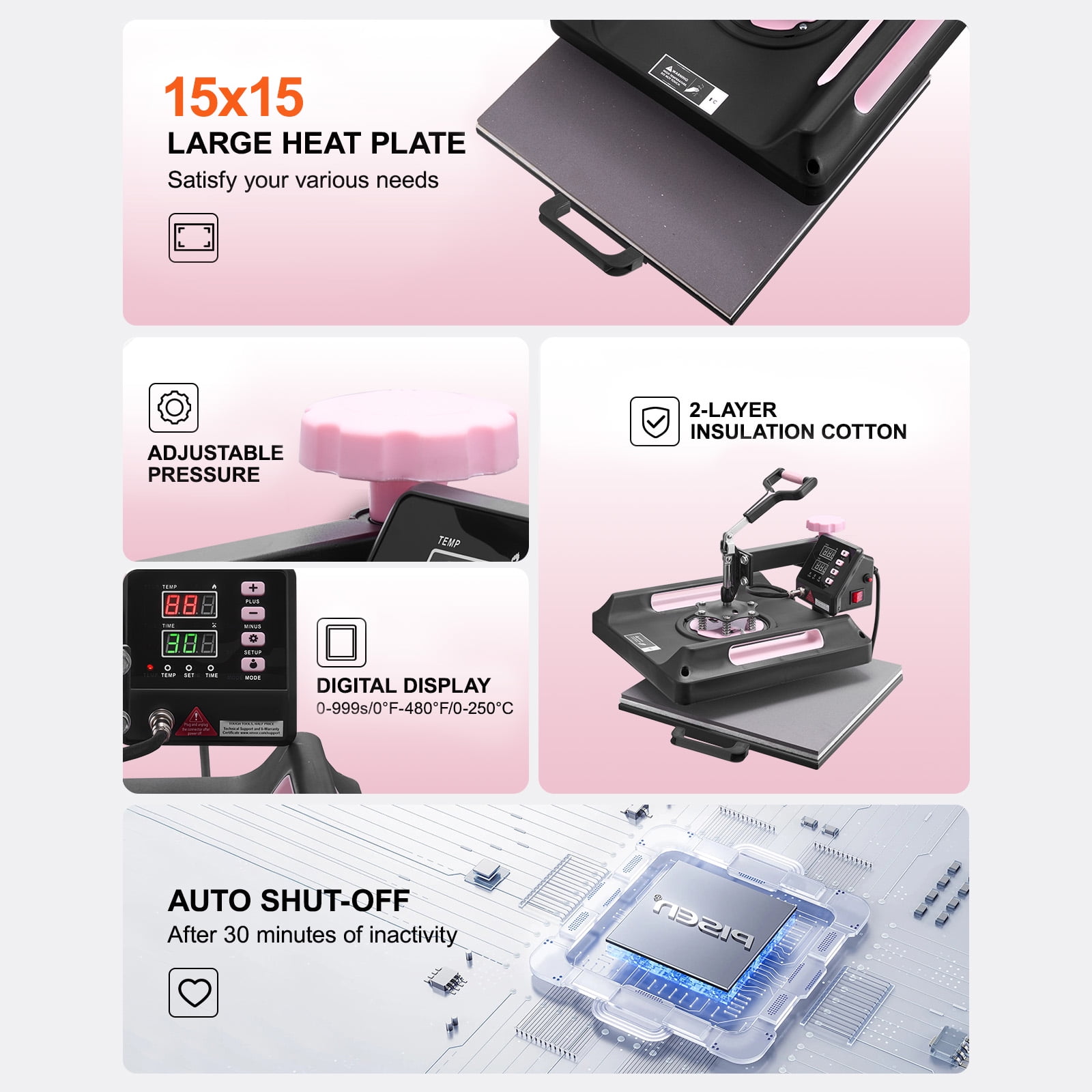 KFFKFF 15 x 15 inch Heat Press Machine, 8-in-1 Heat Transfer Equipment with 30 oz Tumbler Attachment, 360° Swing-Away Digital Press, Teflon-Coated Surface, Suitable for T-Shirts, Mugs, Hats, Plates
