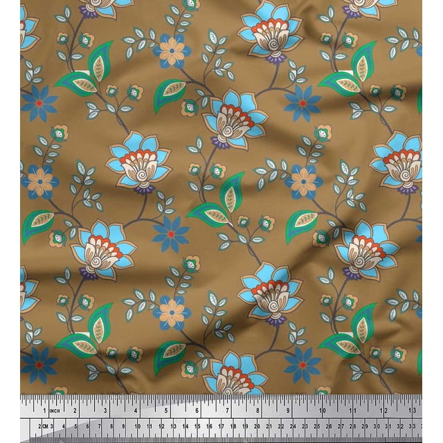 Soimoi Poly Georgette Fabric Leaves & Floral Artistic Printed Fabric 1 Yard 52 Inch Wide