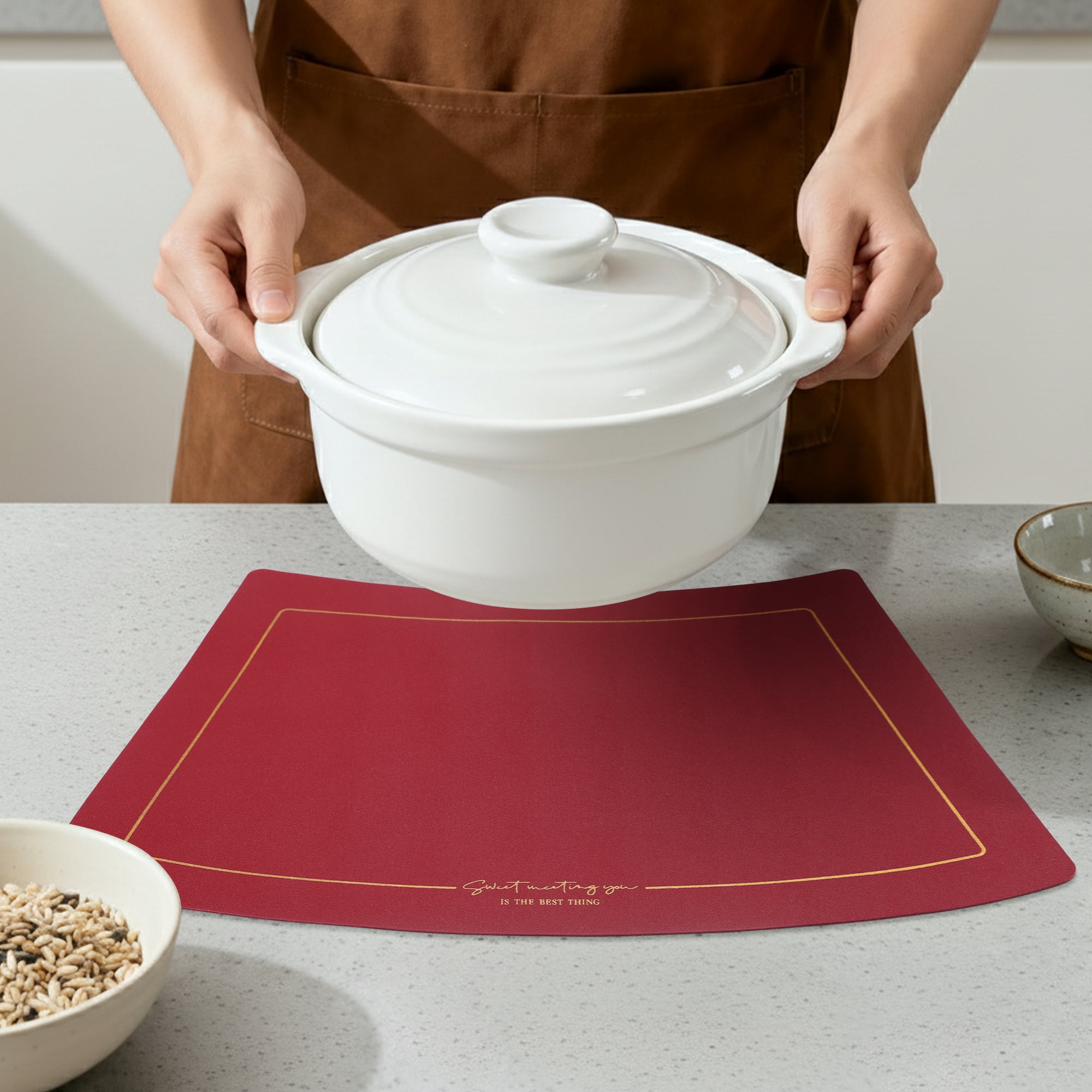Unique Bargains 6Pcs Faux Leather Heat Resistant Placemats Burgundy 20.1x11.8inch