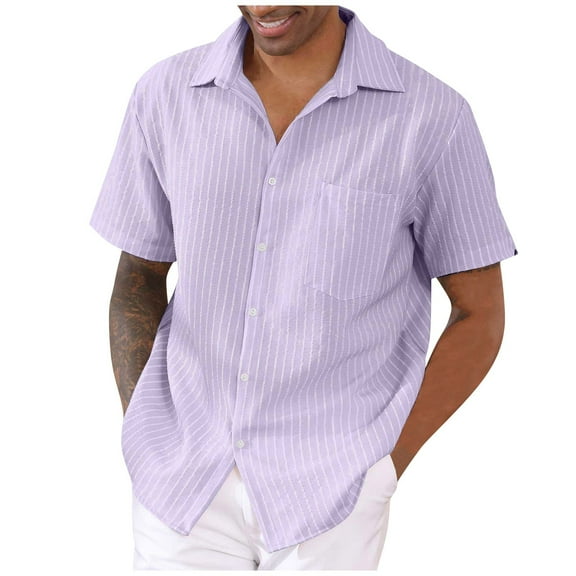 Huresd Men's Wrinkle Free Untucked Cuban Shirt Business Casual Button Down Shirts Short Sleeve Striped Print Shirts Light Purple L