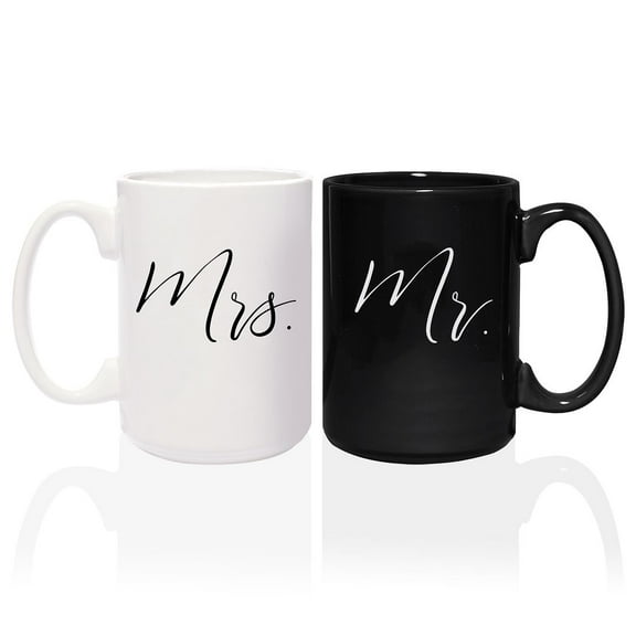 Mr And Mrs Matching Mugs / 2 Jumbo 15 Ounce White And Black Ceramic Mugs / Elegant Coffee Cup Gift Set / One Black Mug And One White Mug