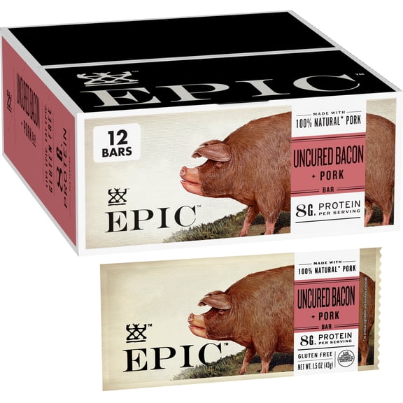 EPIC Uncured Bacon and Pork Bars, Paleo Friendly, Protein Snacks, 12 Count, 18 oz