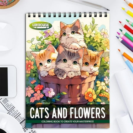LBKHOUSE Cats and Flowers Coloring Book for Adult Spiral Bound Soft Cover
