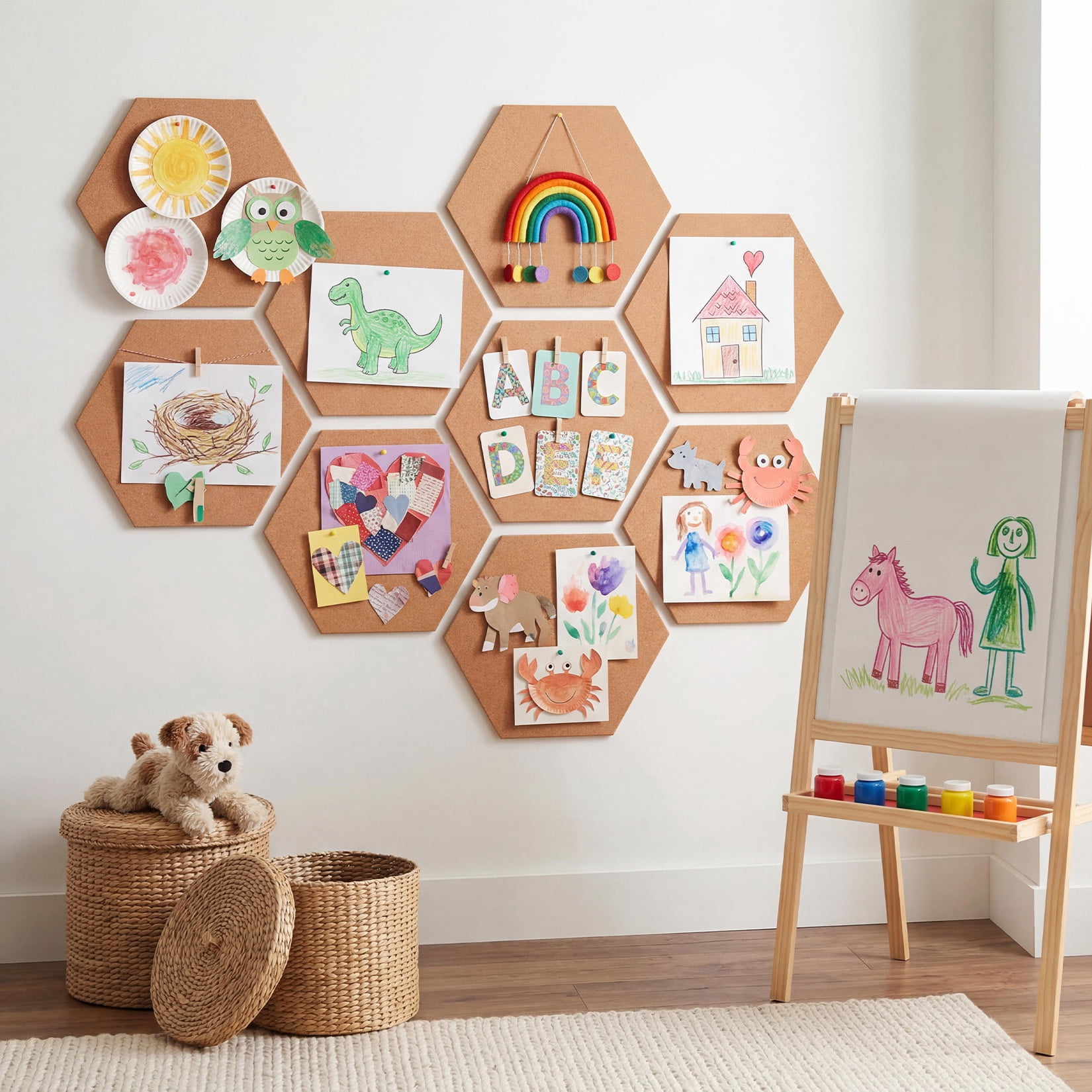 LERENSHA 8 Pack Cork Board Tiles 12 x 12 x 0.5 Inch, Self Adhesive Cork Boards Hexagon, Bulletin Board Wall Tiles with Push Pins for Office, Home, DIY Wall Decor