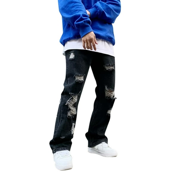 MHFRRA Jeans for Men Men's Dark High Street Fog Personality Embroidered Jeans Men's Hop Ripped Micro Rip Slacks Size S