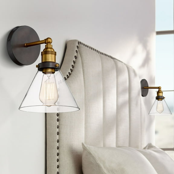 360 Lighting Burke Industrial Modern Wall Light Sconces Set of 2 Dark Bronze Brass Hardwire 7 1/4" Fixture LED Clear Glass for Bedroom Bathroom Home