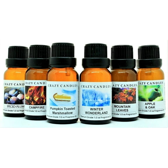 6 Bottles Set, Apple Oak, Campfire, Spiced Plum, Winter Wonderland,Toasted Pumpkin Marshmallow, Mountain Leaves 1/2 Fl Oz Each (15ml) Premium Fragrance Oils Crazy Candles