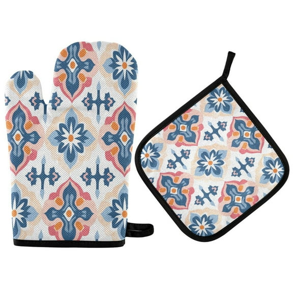Yayeee Oven Mitts and Pot Holder Set of 2 Heat Resistant Kitchen Gloves Baking Hot Pad, Navy Blossom Mosaic