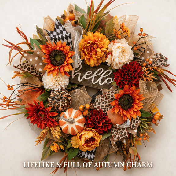 24 Inch Fall Wreath with Sunflowers, Pumpkins and “Hello” Sign, Autumn Front Door Wreath with Plaid and Leopard Print Bows for Home Decor