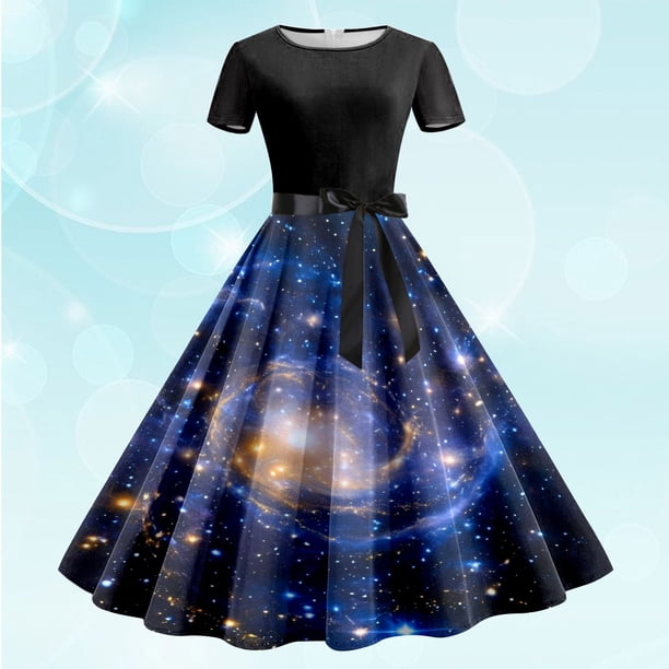 Vestidos Casuales Vestido Casual de Verano Para Mujer, Cuello Redondo, Manga Corta, Cinturón Extraíble, Estampado de Galaxia