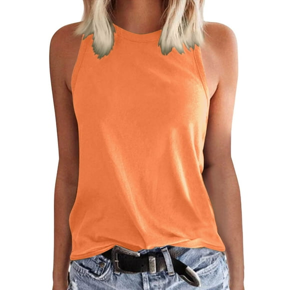 Womens Tank Top Trendy Summer Shirts Ladies Solid Color Sleeveless Round Neck Casual Womens Tops Basic Tee Orange XXXL