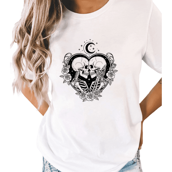 White Gothic Academia Skeleton Lovers Print T-Shirt Graphic Tees Shirts Dark Romance Gift S-5XL Mystical Tops