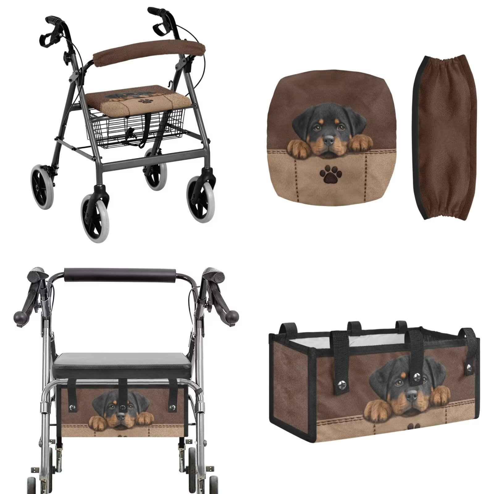 COEQINE Rollator Walker Seat and Backrest Covers with Storage Bag 3 Pieces Set, Universal Washable Rollator Walker Accessories Gifts for Seniors Ladies, Rottweiler Dog Paw Brown