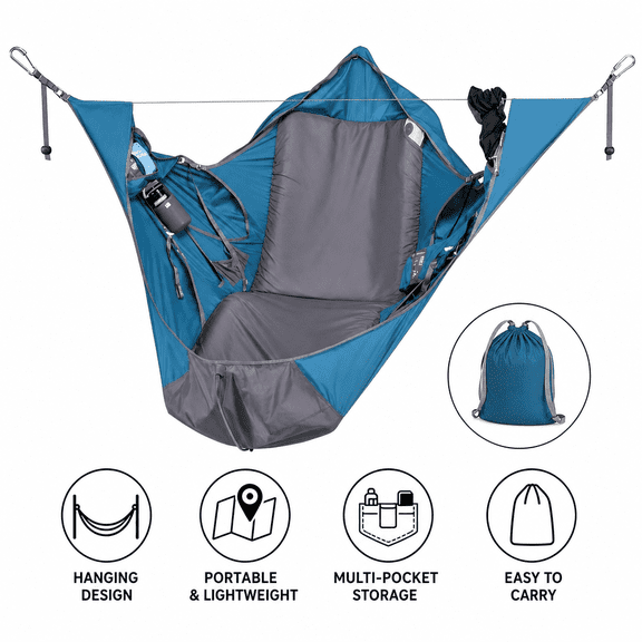 Outdoor Hammock Tent Swing Bed Recliner Chair Sleeping Bag with Mosquito Net, Portable Camping Hanging Hammock (Mattress Not Included) 82.7*27.6in blue