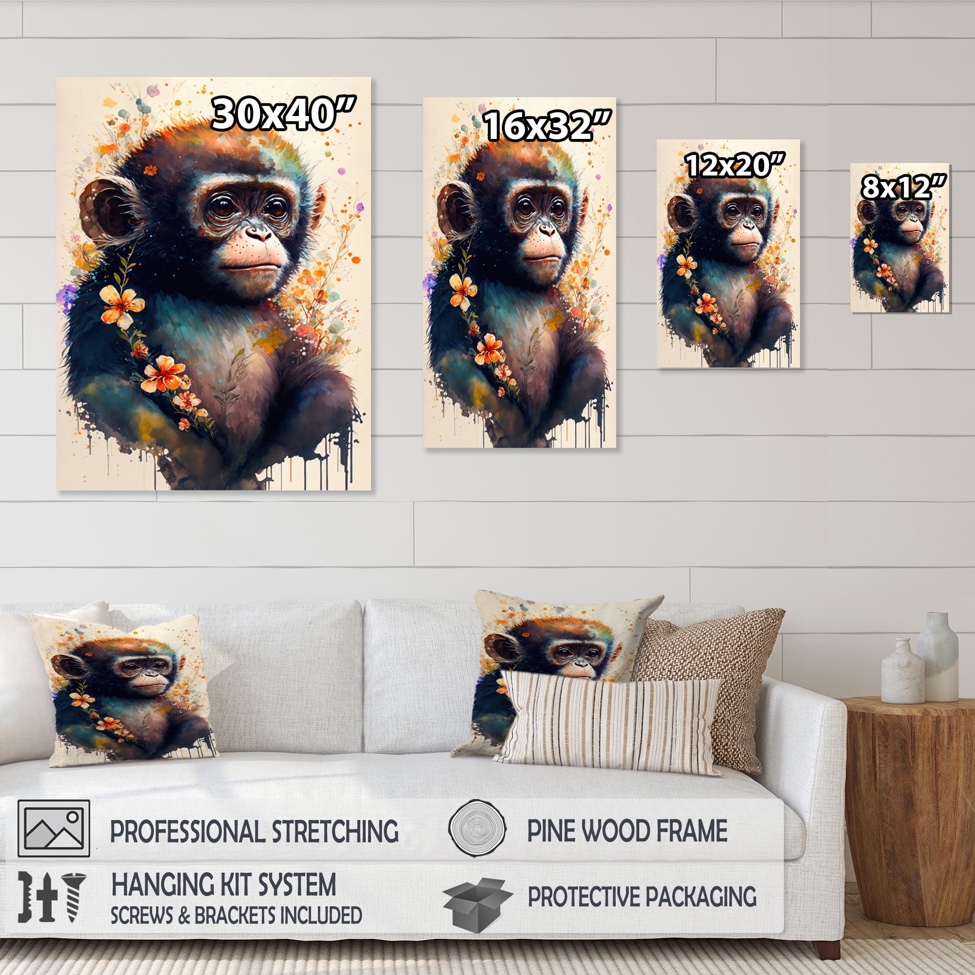 Designart Cute Monkey Floral Art II Canvas Wall Art