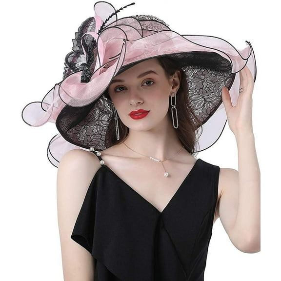 Organza Church Fascinator Wedding Tea Party Derby Hats for Women Flower Wide Brim Sun Hat