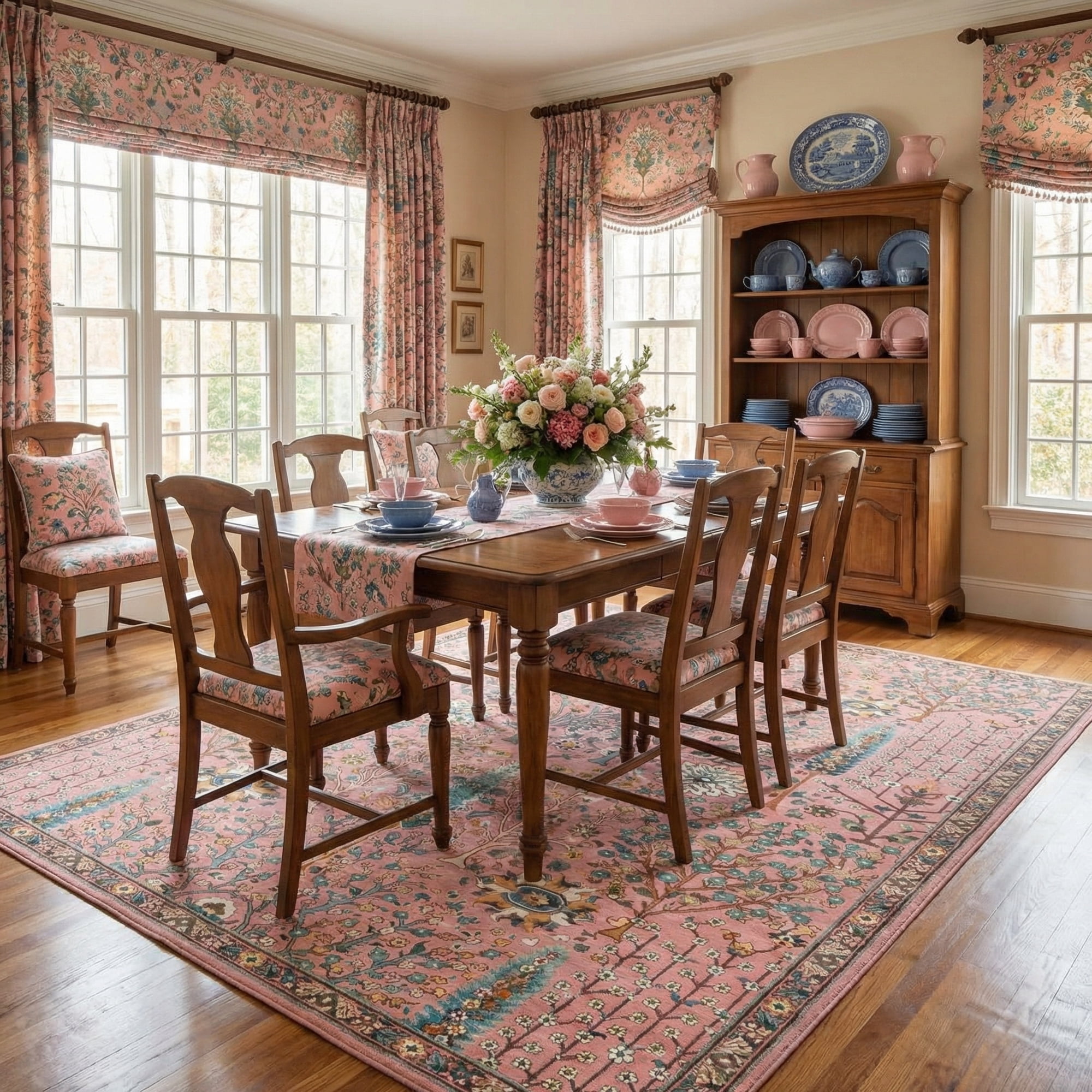 Washable Oriental Rug, 8x10 Dusty pink Boho Botanical Floral Vintage Carpet, Soft Large Indoor Rug for Girls Bedroom, Living Room, Nursery, Playroom