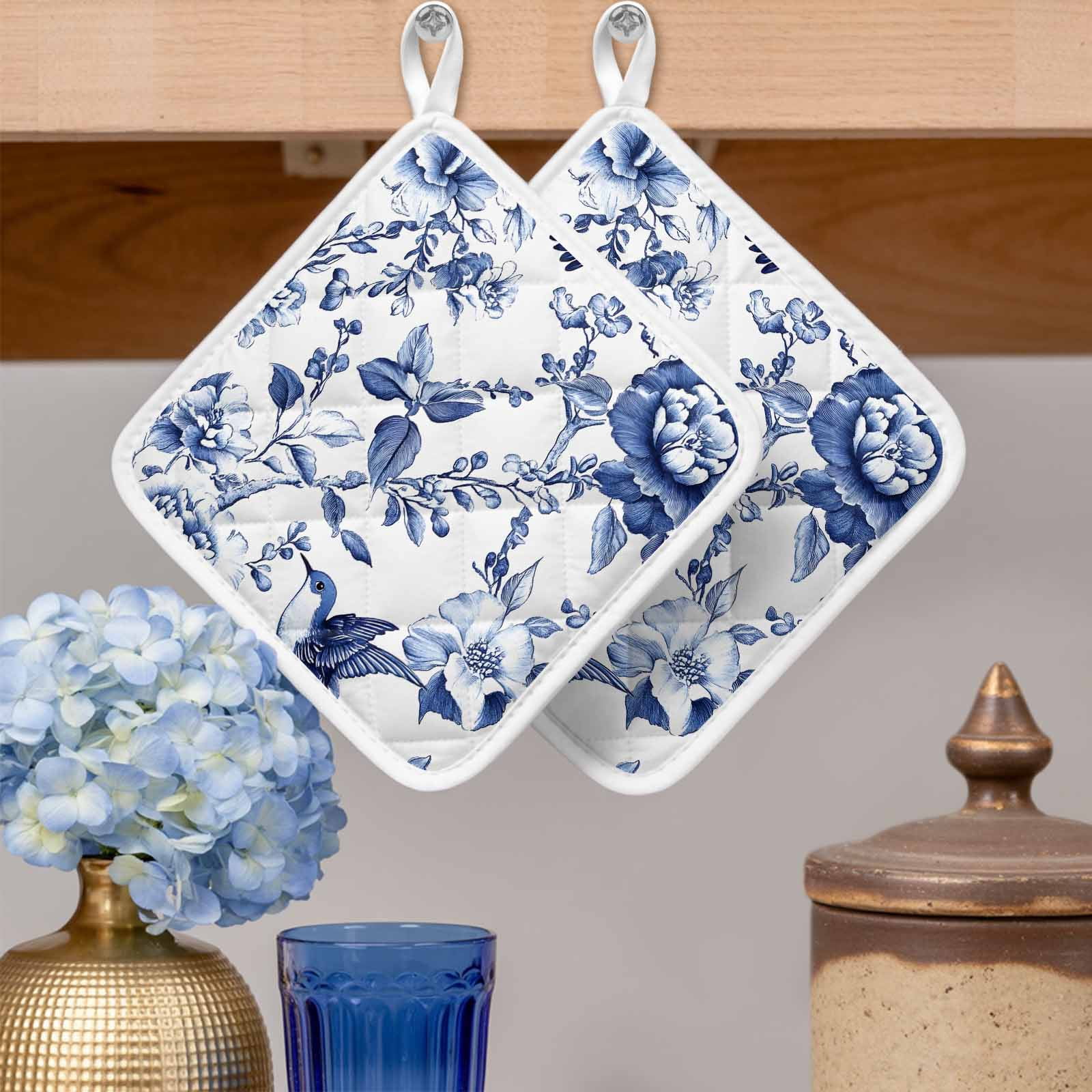 White Blue Spring Floral Pot Holders for Kitchen Heatproof Potholder, 4 Pack Summer Botanical Hummingbird Hot Pads Multipurpose Oven Pads Cloth Potholders Trivet for Cooking and Baking