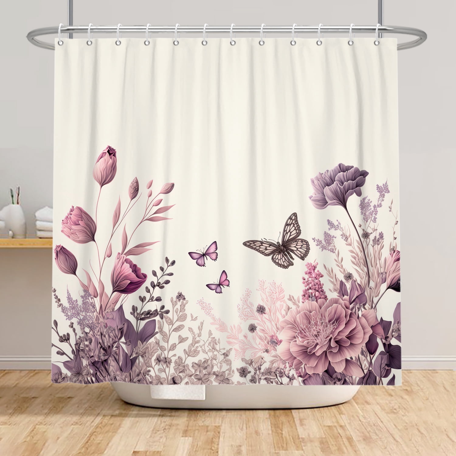 Mizhona Vintage Floral Shower Curtain with Butterfly for Bathroom Waterproof Polyester Pretty Elegant Washable 72"x78"