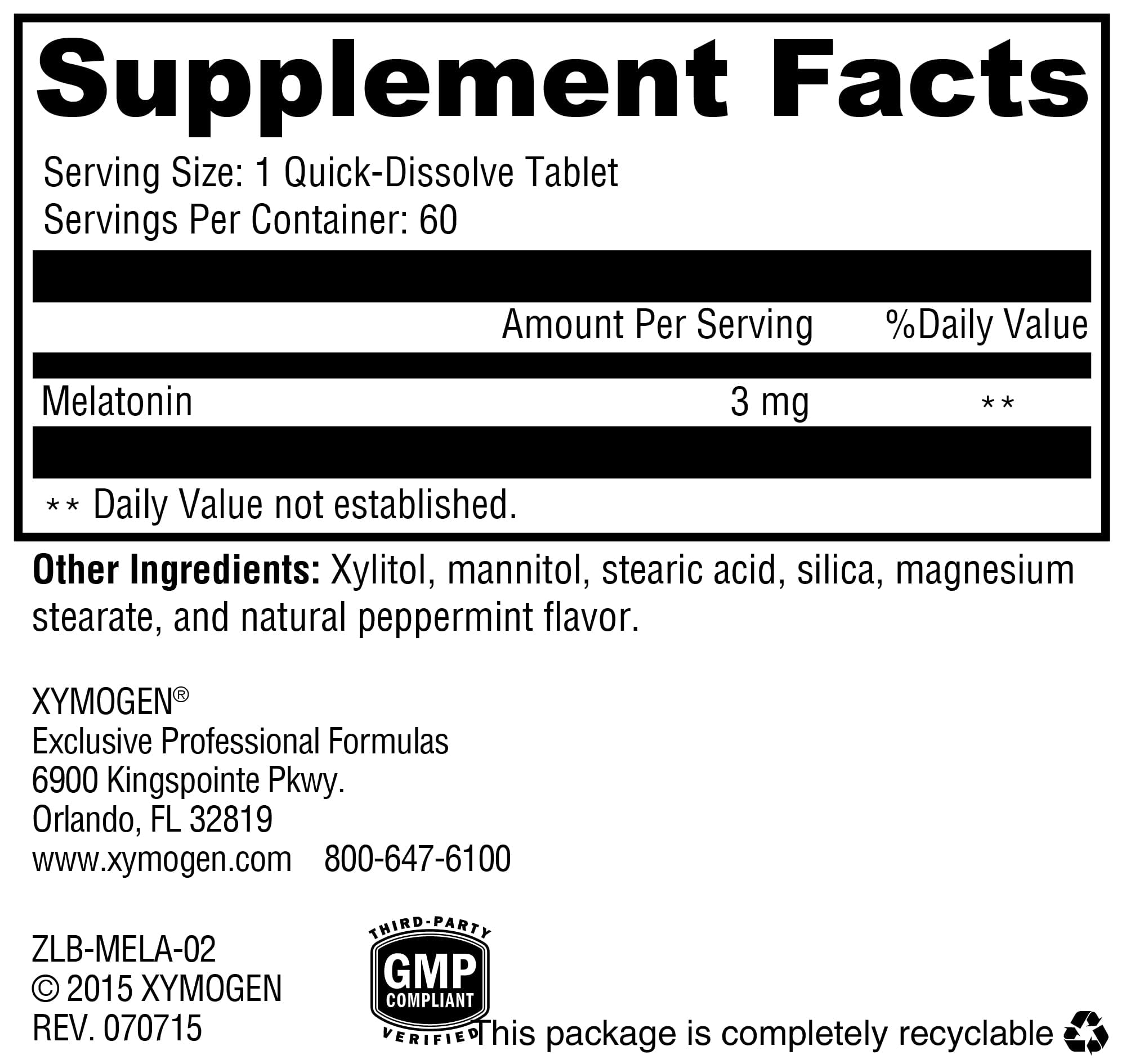 XYMOGEN Melatonin - 3 mg Melatonin Supplement - Sleep Pattern & Circadian Rhythm Support - Quick-Dissolve Tablet - Vegan & Gluten-Free - Peppermint Flavor - 60 Tablets