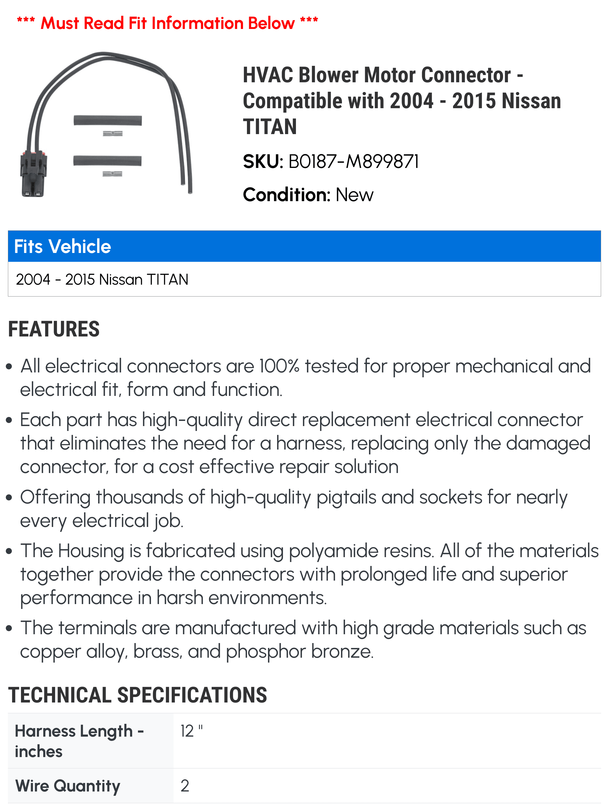 HVAC Blower Motor Connector - Compatible with 2004 - 2015 Nissan TITAN 2005 2006 2007 2008 2009 2010 2011 2012 2013 2014