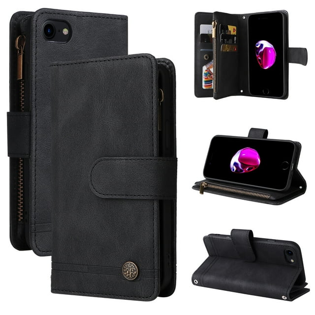 Case for iPhone SE 2020/2022 in black, featuring a multifunctional wallet design with a zipper pocket, 9 card slots, and a magnetic flip closure. Made from premium PU leather, it offers full-frame protection with raised edges and shockproof corners. The case doubles as a stand for horizontal viewing and includes a secure magnetic clasp.