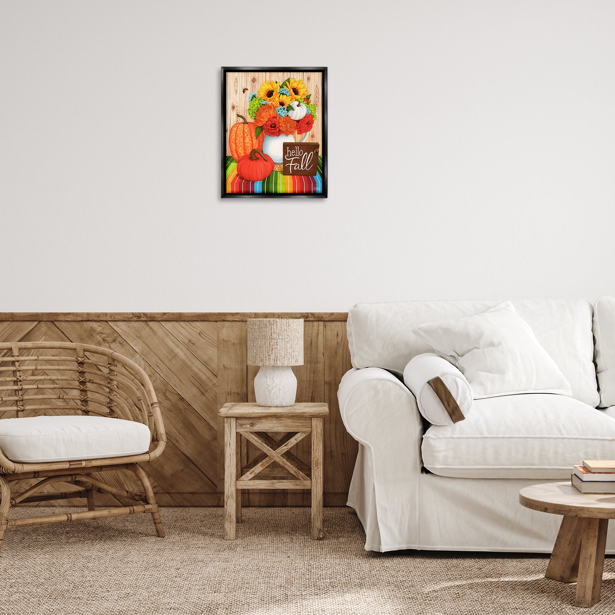 Stupell Industries Hello Fall Rainbow Pumpkins Holiday Painting Black Floater Framed Canvas Art Prints Wall Art, 17 x 21
