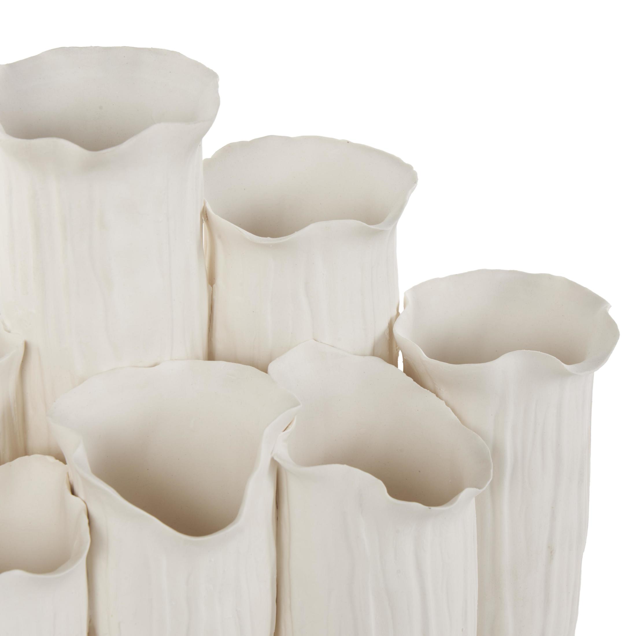 DecMode 11" Abstract Floral Inspired White Ceramic Vase with Linear Grooves and 10 Openings