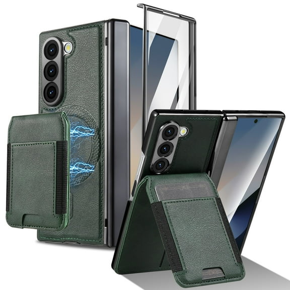 Magnetic for Samsung Galaxy Z Fold 6 Case with HD Tempered Glass Film,[Compatible with MagSafe][Built-in Detachable 2 in 1 Card Holder][Hinge Protection] PU Leather Shockproof Phone Case,Green