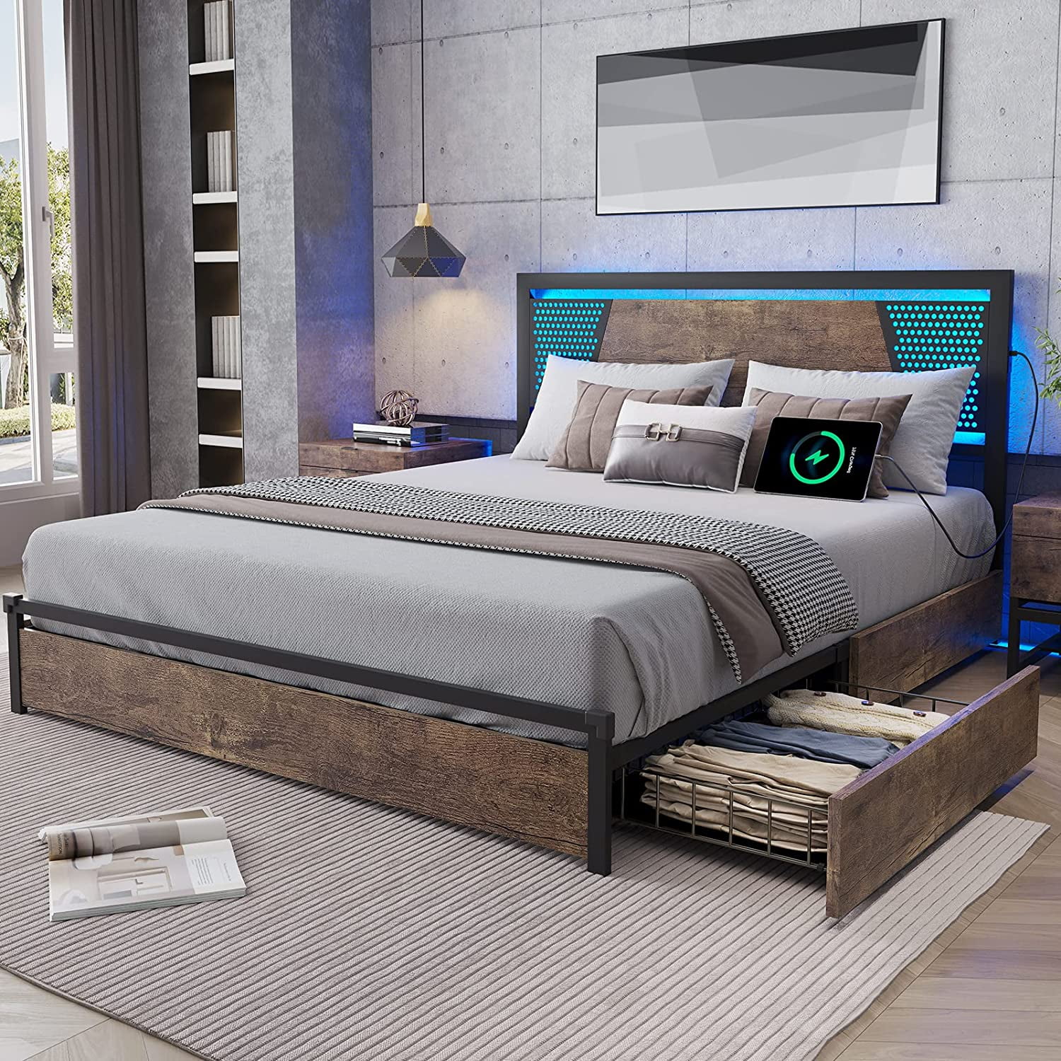 ADORNEVE LED Bed Frame Queen Size with 4 Drawers, Queen Bed Frame with
