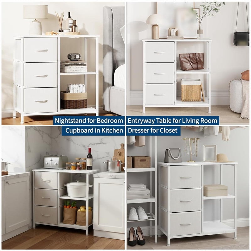 File Cabinet with 3 Drawers, Printer Stand with Open Shelves, Under Desk Storage Organizer for Home Office, Fabric Wood Top for Living Room
