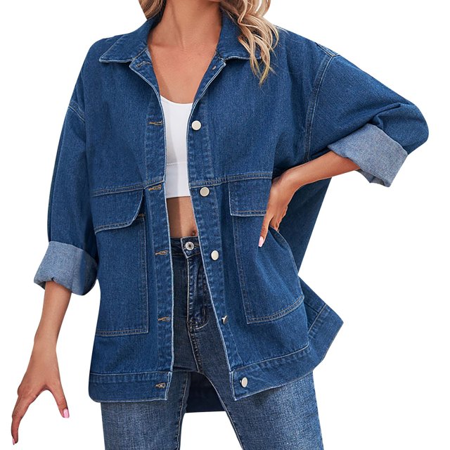 Gibobby Chaquetas de forro polar con cierre Chaqueta de mezclilla con bolsillo con botón holgado de manga larga clásica retro para mujer (Azul, S)