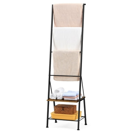 Farmhouse Blanket Ladder with Storage Shelf & Hooks, 5.9FT Rustic Brown & Black Towel Holder Rack, Multi-Functional Leaning Ladder for Living Room, Bathroom & Bedroom Organization