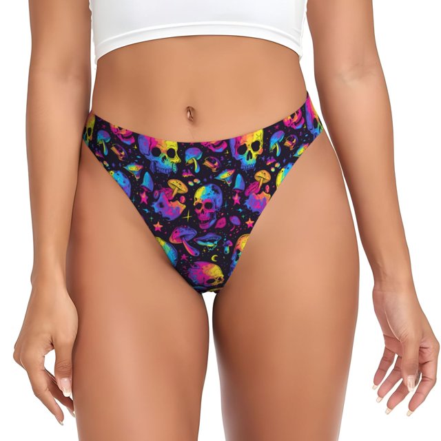 Balery mushroom rainbow color Skull Tangas de Algodón para Mujer con Estampado – Ropa Interior Sexy, Transpirable, G-string-Medium