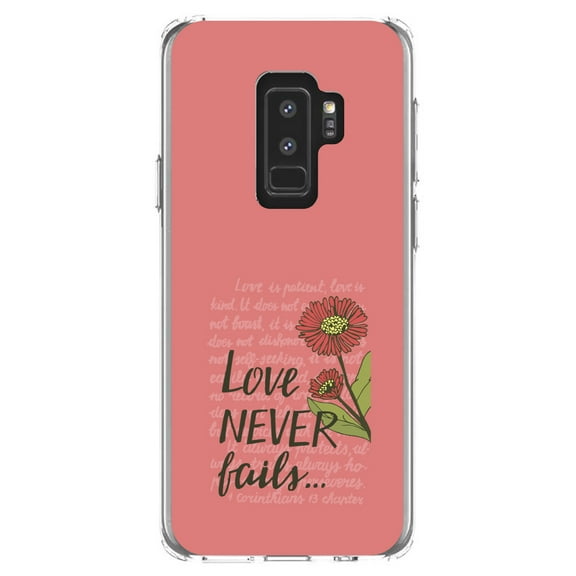 DistinctInk Clear Shockproof Hybrid Case for Samsung Galaxy S9  PLUS (6.2" Screen) - TPU Bumper, Acrylic Back, Tempered Glass Screen Protector - 1 Corinthians 13 - Love Never Fails - Flower