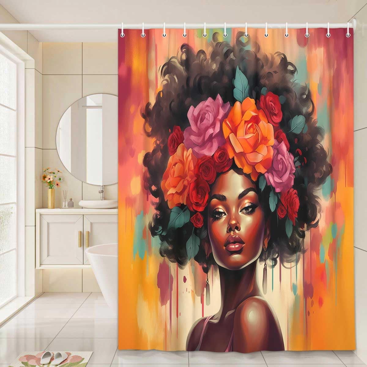 Black Girl Shower Curtain, Retro African American Colorful Floral Red Rose Black Woman Bathroom Decor, Oil Painting Aesthetics Flower Fabric Afro Lady Bath Shower Curatin Set with 12 Hooks, 72X72in