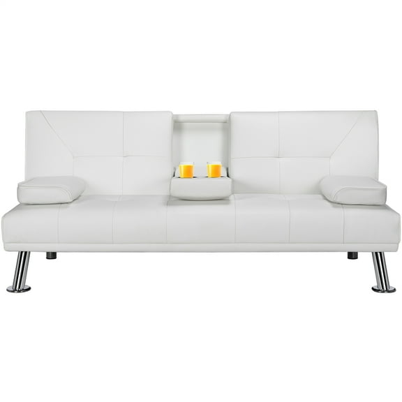 Renwick LuxuryGoods Modern Faux Leather Futon with Cupholders and Pillows, White