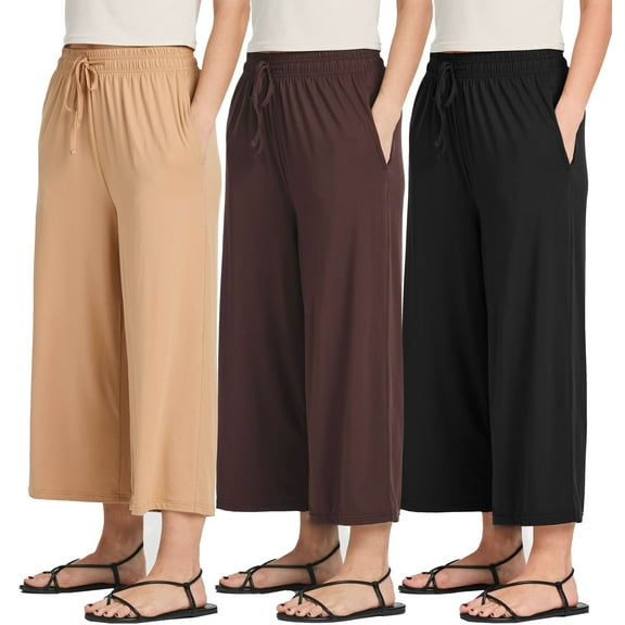 Real Essentials 3 Pack: Women's Ultra-Soft Wide Leg Loose Capri Open Bottom Pants - Yoga Lounge Pockets(Available in Plus)