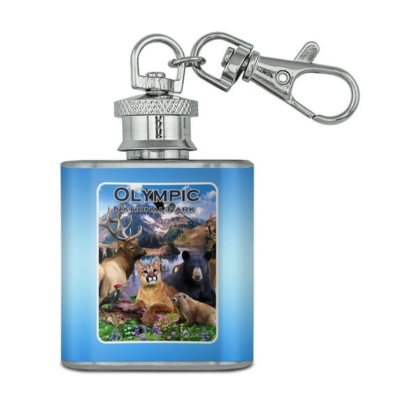 Olympic National Park Washington WA Animals Cougar Bear Elk Beaver Stainless Steel 1oz Mini Flask Key Chain
