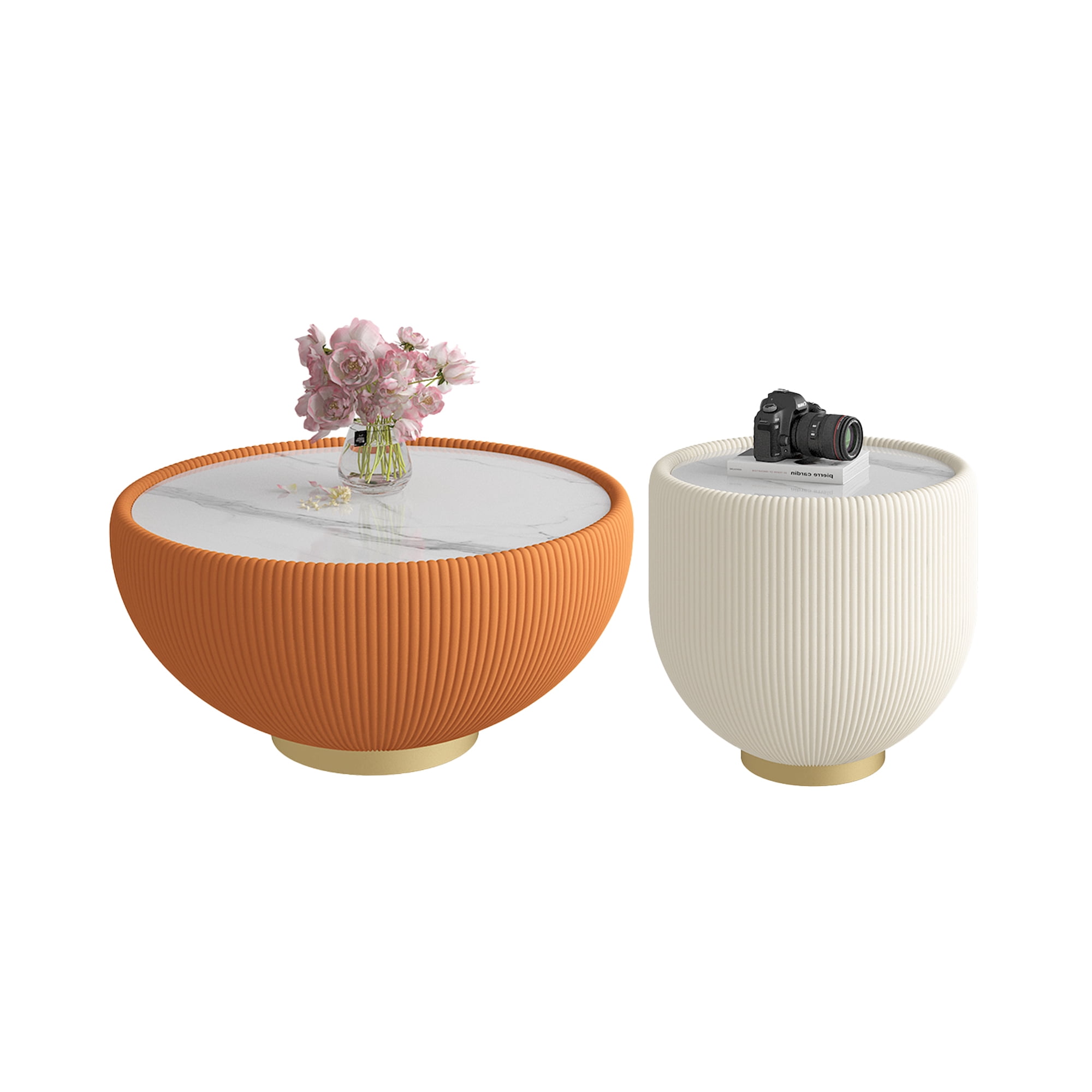 Leumius Modern Round Sintered Stone Pattern Tabletop Leather Edge Sofa End Table with Metal Base,Luxurious Side Table for Home Decor Living Room Beige