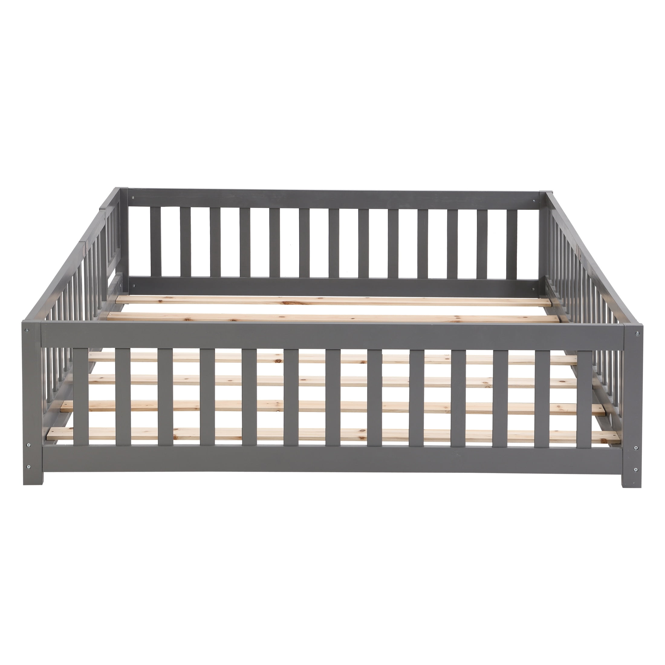Twin Bed Frame with Door and Fence,Montessori Bed with Guardrails and Solid Slats,Solid Wood Platform Twin Size Bed Frame for Girls and Boys,77.6"x41.5"x17.5",Gray