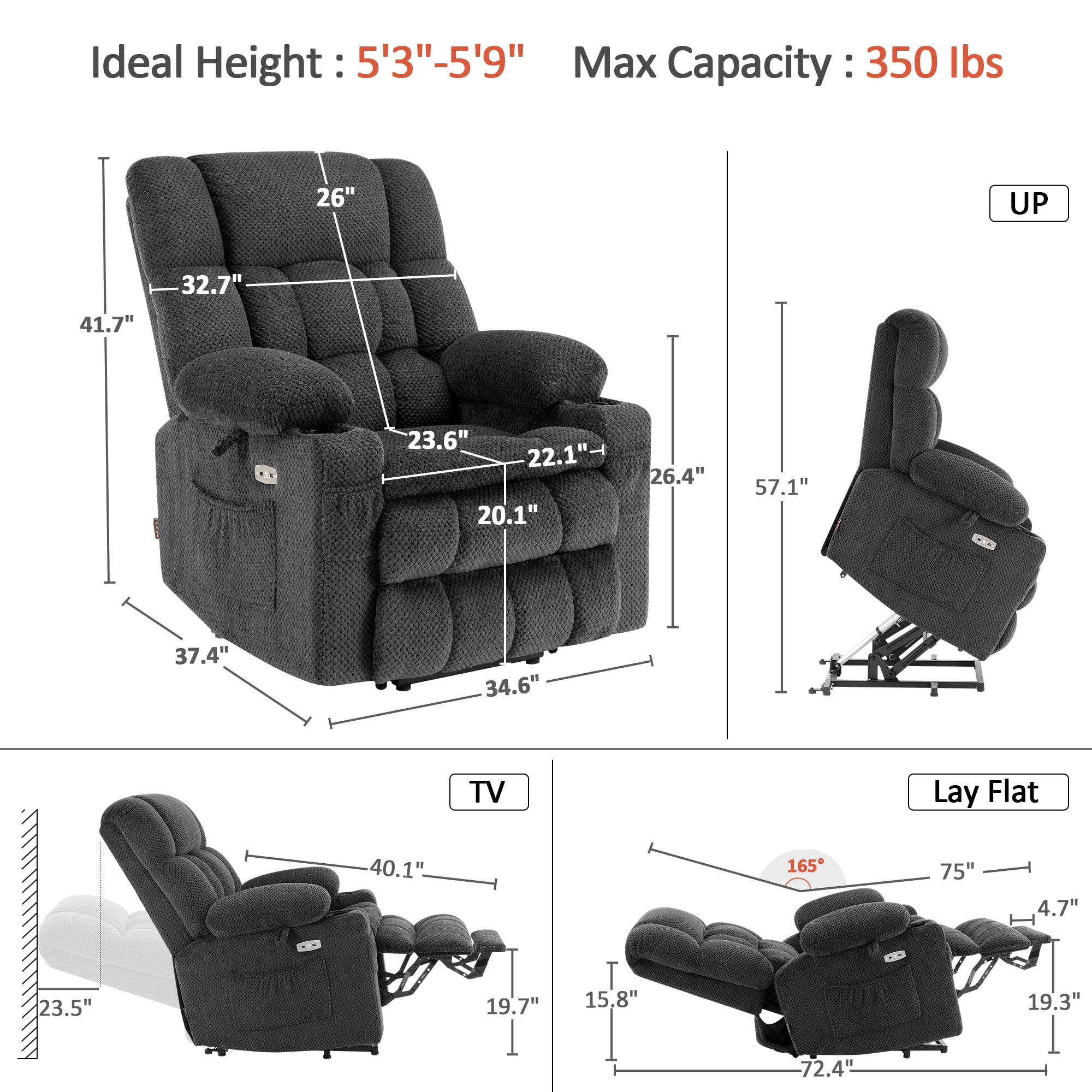 MCombo 22.4" Seat Width Lay Flat Dual Motor Power Recliner Lift Chair with Vibration and Heat, Infinite Position, Dark Grey