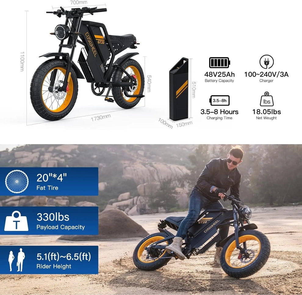 COSWHEEL GT20 PRO Electric Bike 3000W Dual Motor 40Ah Battery 20" All-Terrain Tires 31MPH Top Speed for Adult Ebike