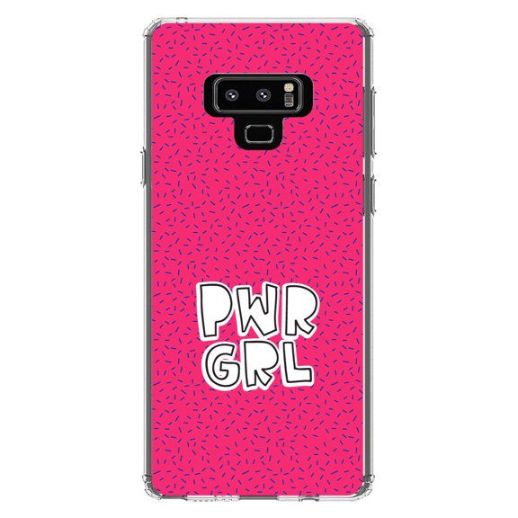 DistinctInk Clear Shockproof Hybrid Case for Samsung Galaxy Note 9 - TPU Bumper, Acrylic Back, Tempered Glass Screen Protector - Girl Power - PWR GRL - Pink Background