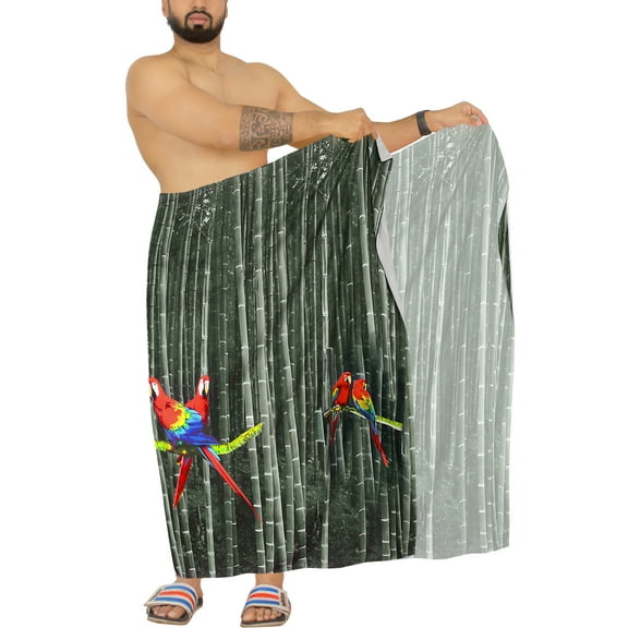 HAPPY BAY Men's Pareo Regular Holiday Sarong Long Beach Wrap One Size Midnight, Bamboo Parrot Summer Vacation Aloha
