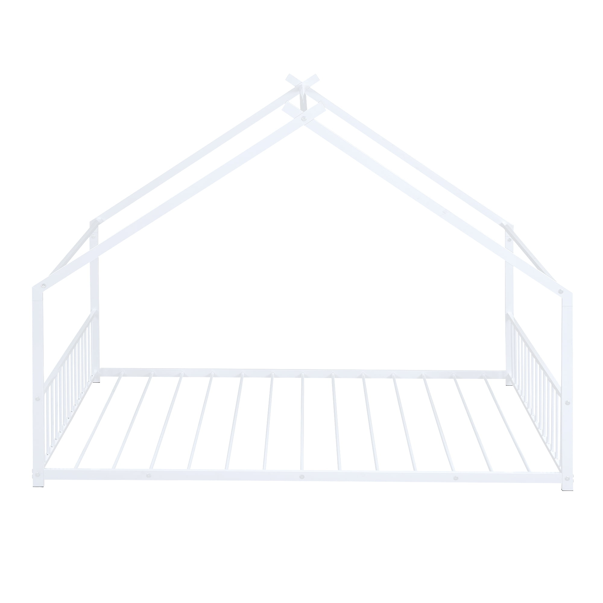 Bellemave Full Size Metal House Bed with Headboard and Footboard Montessori House Bed, Metal Floor Bed with Roof, No Box Spring Needed, White